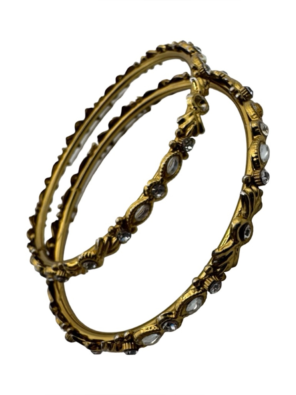 Vintage Antiqued Gold Tone‎ Kundan Style Rhinestone Bangle Bracelet Set 2, 2.4”